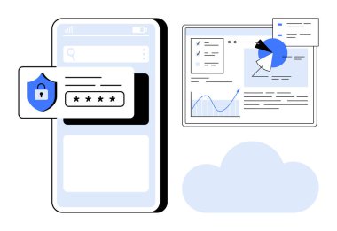 Şifre girdisi ve kalkan kilit simgesine sahip akıllı telefon veri analizi panelinin yanında. Siber güvenlik, veri görselleştirme, bulut depolama, iş anlayışı, uygulama tasarımı, kullanıcı