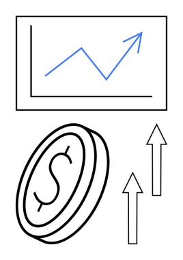 Dolar işaretli sikke, yükselen trend grafiği, finansal gelişmeyi sembolize eden yükselen iki ok. Finans, iş yatırımı, ekonomik analiz, borsa, kâr, büyüme görselleştirme için ideal