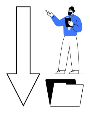 Klasörün yanında işaret panosu olan mavi gömlekli bir adam ve aşağı doğru büyük bir ok. Eğitim, organizasyon, iş akışı, karar verme, veri yönetimi, planlama için ideal, düz basit metafor