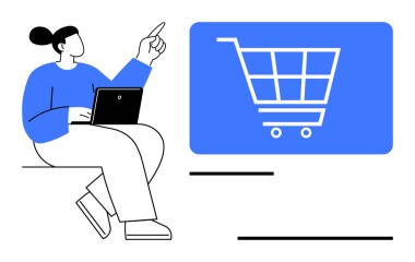 Dizüstü bilgisayarlı bir kadın alışveriş arabası ikonuyla ekrana doğru oturuyor. E-ticaret, teknoloji, çevrimiçi perakende, dijital iş, kullanıcı deneyimi, pazarlama, düz basit metafor
