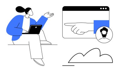 Dizüstü bilgisayar tutan ve işaret eden bir el, profil ikonu ve bulut içeren bir web arayüzüne doğru hareket eden kişi. İletişim, takım çalışması, uzaktan çalışma, teknoloji, işbirliği, arayüz için ideal