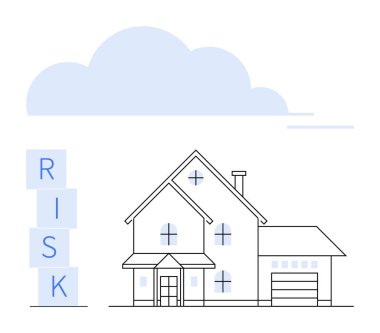 RİSK bloklarının yanındaki garajlı ev bir bulutun altında. Sigorta, risk yönetimi, emlak güvenliği, ev güvenliği, karar verme, gayrimenkul planlaması, soyut düz metafor için ideal