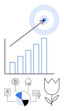Çubuk grafik hedefe yükseliyor, ev, para, sözleşme ve büyüme, yatırım ve başarı unsurları içeren pasta grafiği. Finans ve analitik hedefleri için ideal ilerleme planlaması