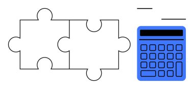 Mavi hesap makinesine bitişik birbirine kenetlenmiş iki yapboz parçası takım çalışması, strateji, analiz ve çözümler öneriyor. Sorun çözme, işbirliği, planlama, eğitim ve yenilik stratejisi için ideal
