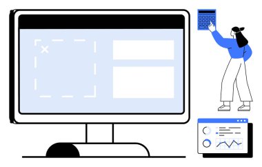 Düzenli veri ve grafikleri gösteren bilgisayar monitörünün yanında hesap makinesi tutan kadın karakter. Analiz, yönetim, verimlilik, hesaplama, planlama, bütçe ve izleme için ideal. Düz