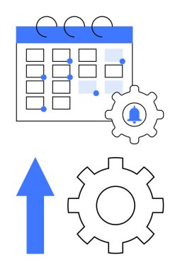 İşaretli tarihler, bildirim teçhizatı simgesi ve dişli ile yukarı doğru ok takvimi. Zamanlama, hatırlatıcılar, verimlilik, iş akışı optimizasyonu, planlama, verimlilik zamanı yönetimi için ideal