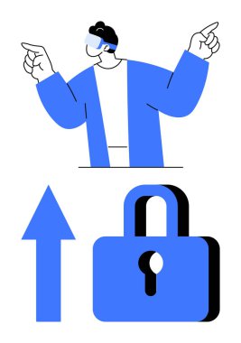 VR kulaklık takan biri, güçlü bir şekilde işaret ediyor, mavi ok ilerlemeyi simgeliyor, ve asma kilit de veri güvenliğini simgeliyor. Teknoloji, yenilik, sanal gerçeklik, güvenlik ve ilerleme için ideal