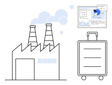 Endüstriyel fabrika analitik torpido gözüne duman yayıyor ve bavulu yuvarlıyor. Endüstri, çevre, seyahat, analitik, iş, sürdürülebilirlik, teknoloji, basit iniş sayfası için ideal