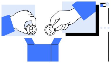 Bitcoin ve dolar sikkeleri, dijital ve geleneksel varlıkların birleşmesini sembolize eden iki elle açık bir kutuya yerleştirildi. Finans, kripto para birimi, yatırım, tasarruf, kitle fonlama, hayır kurumu için ideal