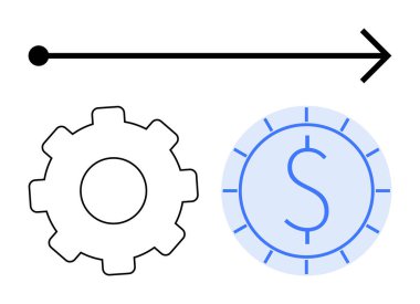 Dişli mekanizması, bir dolar işareti olan bir madeni parayı bir okla birbirine bağlıyor. Finans, iş akışı, süreç, verimlilik, yatırım, ilerleme, iş stratejisi için ideal düz bir metafor