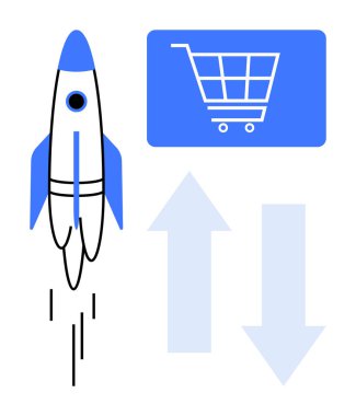 Roket yeniliği simgeler, mavi alışveriş arabası ticareti ön plana çıkarırken, yukarı ve aşağı oklar iş eğilimlerini betimler. Girişimler, e-ticaret, strateji, büyüme ve yenilik için ideal