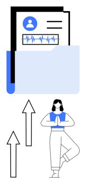 Ağaç duruşu ve yukarı doğru oklar üzerinde meditasyon yapan birinin sağlık kayıtları olan klasör ilerlemeyi gösteriyor. Sağlık takibi, refah, öz bakım, denge, büyüme, zindelik, farkındalık için idealdir. Düz