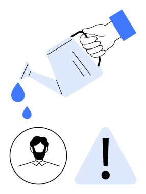 El yıkama kutusu, mavi su damlaları kullanıcı avatarıyla daire, ünlem işaretli dikkat üçgeni. Bakım, uyarı, büyüme, yönetim ve uyarı bilgileri için ideal. Düz basit