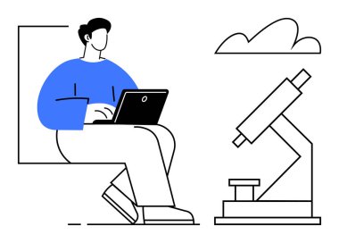 Bulutların altında mikroskop altında çalışan kişi. Eğitim, araştırma, bilim, teknoloji, yenilik, öğrenme ve analiz için idealdir. Düz basit metafor