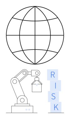 Geometrik bir kürede RISK harflerini saklayan robotik kol. Teknoloji, otomasyon, küresel zorluklar, yenilik, risk yönetimi, robotik, soyut düz metafor için ideal