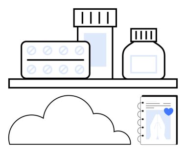 İlaç şişeleri, rafta bulut ve kalp ikonlu tıbbi not defterinin yanında ilaç şişesi. Sağlık, ilaç, eczane, çevrimiçi tıbbi veriler, sağlık takibi, teletıp için ideal