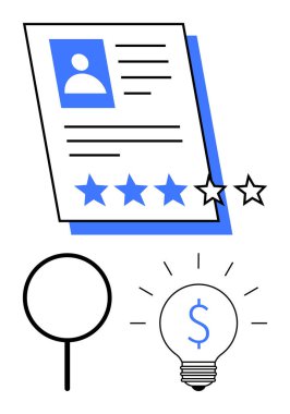 Dört yıldızlı aday profili, arama veya değerlendirme için büyüteç, ve fikirleri, yeniliği veya değeri temsil eden dolar işaretli ampul. İşe alım, adam alma ve iş için ideal.