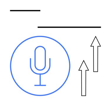 Yuvarlak çizgili mavi bir mikrofon, yukarı doğru iki ok ve en az siyah çizgi. Ses kaydı, podcast, büyüme, ilerleme, yenilik, ses teknolojisi, ses analizi için ideal. Düz