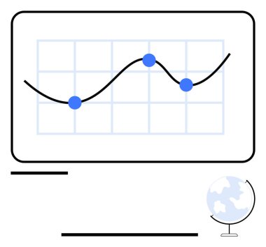 Küresel bağlamda bir dünya eşliğinde, veri analiz eğilimlerini gösteren bir ızgara üzerinde noktalar bulunan çizgi grafiği. Analiz, küresel strateji, veri görselleştirme, istatistik, iş eğilimleri için ideal