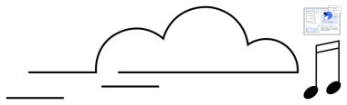 Müzik notaları olan bir bulut sembolü ve dijital medyayı, yayın platformlarını, veri analizlerini ve bulut hesaplamasını vurgulayan bir veri tablosu. Bulut depolama, dijital ortam, müzik platformları, çevrimiçi için ideal