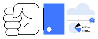 Finansal büyümeyi, bulut depolamayı ve analitiği gösteren pasta grafiği ve nakit para sembolüyle sımsıkı sarılmış bir el. Finans, iş planlaması, veri yönetimi, teknoloji ve yatırım için ideal
