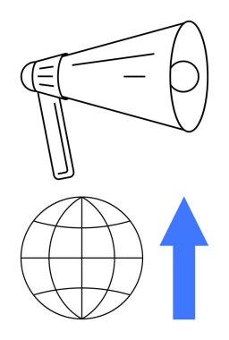 Küresel erişimi, terfiyi, büyümeyi ve iletişimi sembolize eden megafon ve yukarı doğru ok. Pazarlama, küresel strateji, çevrimiçi sosyal yardım, liderlik, ilerleme ağı dairesi için ideal