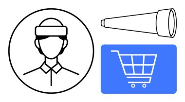 Daire şeklinde bir şahıs, mavi alışveriş arabası ikonu, teleskop ikonu. Pazarlama, müşteri odağı, alışveriş, analitik, strateji vizyonu tahmini için ideal. Düz basit metafor