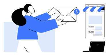 Tebligat rozetli bir kadın, mağaza önü dizaynlı akıllı telefon ekranı ve dizüstü bilgisayarı olan bir kadın. E- posta pazarlama, iletişim, aygıtlar, bildirimler, dijital strateji, bağlantı için ideal