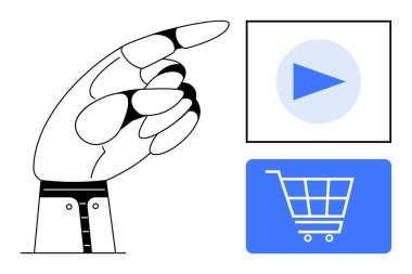Oyun düğmesine ve alışveriş arabası simgesine el işaretleri kullanıcı eylemlerini ve kararlarını vurguluyor. E-ticaret, yayın, kullanıcı etkileşimi, çevrimiçi alışveriş, pazarlama, teknoloji, daire