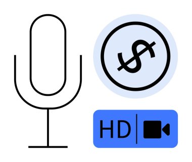 Podcast mikrofon, daire şeklinde dolar işareti ve HD video oynatma düğmesi. Podcast, canlı yayın, dijital medya, para kazanma, içerik oluşturma teknolojisi iletişimi için idealdir. Düz basit