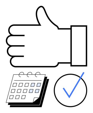 Takvim ve mavi işaretli büyük baş parmak işareti. Planlama, başarı, onay, verimlilik, programlama, görev yönetimi, hedef belirleme için ideal. Açık düz basit metafor