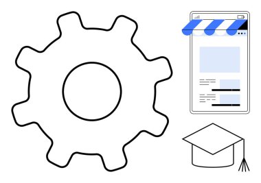 Gear süreci sembolize eder ve yenilikçilik mağazası çevrimiçi ticaret mezuniyet başlığı eğitime odaklandığını gösterir. Teknoloji, e-ticaret, eğitim, iş, öğrenme, büyüme için ideal, düz basit