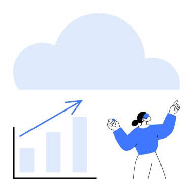 Artan çubuklu çizelge, gelişimi simgeleyen yukarı doğru ok, büyük bulut görüntüsü ve yukarı bakan bir kullanıcı. Yenilik, teknoloji, büyüme, dijital çözümler, takım çalışması bulut hizmetleri için ideal