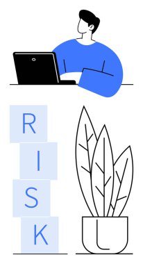 Dizüstü bilgisayarda çalışan, RISK blokları istiflenmiş, minimalist bitki çizimi yapan bir adam. Risk yönetimi, iş stratejisi, analiz, karar verme, işyeri odaklanma, minimalizm soyut çizgi
