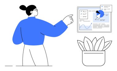 Çizelgeleri analiz eden kişi, dijital paneldeki grafikler, veri içgörülerini gösteren. İş, analitik, eğitim, bilgi, takım çalışması, basit bir iniş sayfası planlamak için ideal