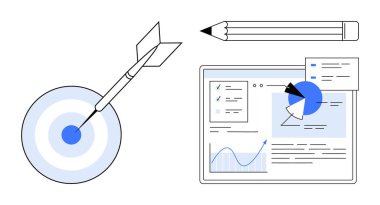 Dart, kalem ikonu ve odak, strateji ve yaratıcı fikirleri temsil eden analitik gösterge paneliyle hedef tahtası. İş, pazarlama, strateji, yaratıcılık planlaması için ideal