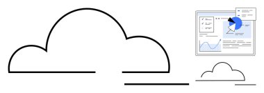 Daha küçük bir bulut ve analitiği vurgulayan grafikler, grafikler ve turta grafikleri içeren dijital bir gösterge paneli ile büyük bir bulut ana hatları. Teknoloji, analitik, veri, bulut çözümleri, iş ve finans için ideal