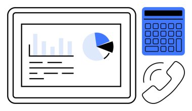 Çubuk grafik, pasta grafiği, hesap makinesi ve telefon ahizesini gösteren tablet. Analiz, iletişim, finans, verimlilik, işbirliği hesaplama stratejisi için ideal. Düz basit metafor