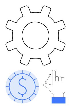 Gear, süreç ve sistemi, finans ve ekonomi için para birimi simgesi ve etkileşimi sembolize eden el hareketini özetliyor. Teknoloji, finans, iş akışı, kullanıcı arayüzü, yenilik ve dijital için ideal