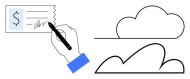 Minimalist bulut hatlarıyla birlikte el imzalı para çeki. Finans, sözleşmeler, bulut hesaplama, dijital işlemler, yenilik, teknoloji, minimalizm, düz basit metafor