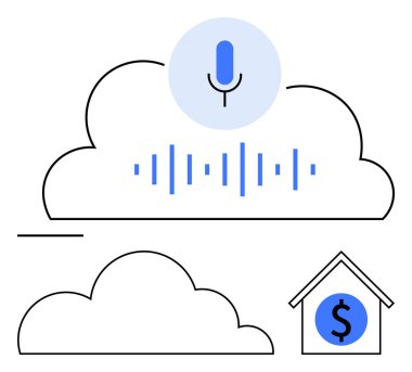 Bulut ve ses dalgalarıyla ses teknolojisini vurgulayan bir mikrofon. Finans hizmetleri için dolar işareti olan bir ev. AI, iletişim, veri depolama, finans, yenilik, teknoloji ve bilişim için ideal