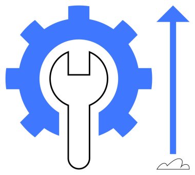 Merkezde ingiliz anahtarı, yukarı doğru ok ve yenilik ve ilerlemeyi temsil eden küçük bulut. Ticari gelişim, büyüme, mühendislik, kalkınma, bakım ve üretkenlik stratejisi için ideal