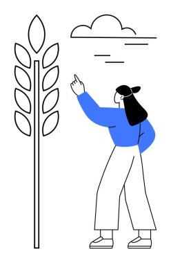 Uzun bir buğday sapını işaret eden kadın tarımı, büyümeyi, sürdürülebilirliği vurguluyor. Çiftçilik, çevre, yenilik, doğa, gıda güvenliği eğitimi için ideal. Basit bir metafor.