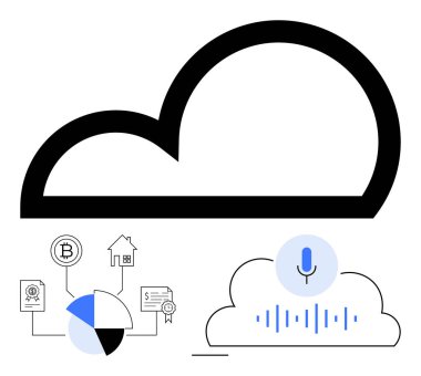 Kripto para birimi, ev kredisi ve veri pasta grafiği gibi finans diyagramları olan kara bulut simgesi. Online konuşma tanıma için buluta bağlı bir mikrofon. Fintech, AI, veri analizi ve bulut için ideal