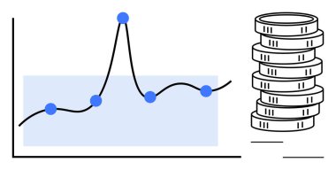 Veri noktaları ve yükselen zirveleri olan çizgi grafiği bozuk para yığınıyla eşleştirildi. Finans, yatırım, veri analizi, ekonomi, kar takibi, tasarruf ve iş planlaması için ideal. Düz basit metafor