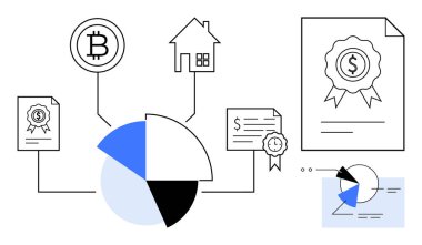 Kripto para birimini, mülkiyeti ve finansal belgeleri bağlayan dairesel bir şema. Finans, ekonomi, zenginlik yönetimi, yatırım, kripto para birimi gayrimenkul teknolojisi için ideal. Düz basit metafor