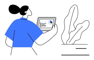 Tablet elinde grafikler ve grafiklerle minimalist saksı bitkisinin yanında duran kişi. Veri analizi, iş, teknoloji, uzaktan çalışma, araştırma, dijital araçlar verimliliği için idealdir. Düz basit