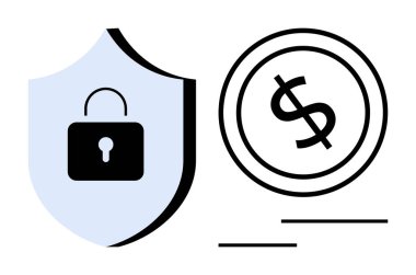 Madeni meseleleri sembolize eden bir doların yanında asma kilit taşıyan bir kalkan. Gizlilik, koruma, para, güvenlik, finans, güven ve siber güvenlik konuları için ideal. Düz basit