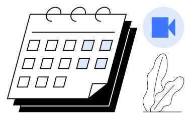 İşaretli tarihli takvim, görüntü çağrı simgesi ve dekoratif bitki öğesi. Program, uzaktan çalışma, organizasyon, takım çalışması, zaman yönetimi sanal toplantıları ve verimlilik için ideal. Temiz daire