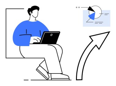 Mavi elbiseli biri yukarı doğru giden bir okun ve grafiğin yanında dizüstü bilgisayarda çalışıyor. İş için ideal, analitik, başarı, büyüme, üretkenlik, strateji, yenilik. Düz basit metafor